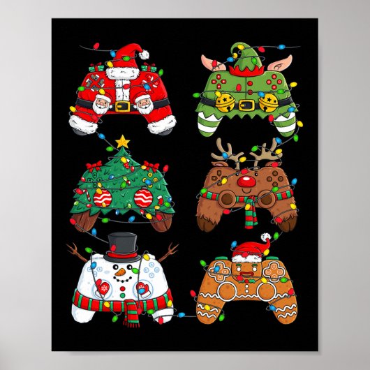 Kerstmis Santa Elf Lights Gaming Controllers Xmas Poster (Voorkant)