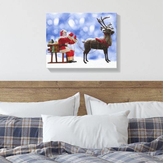 Kerstmis Santa Rendier Sledging Sneeuw Canvas Afdruk (Insitu (Slaapkamer))