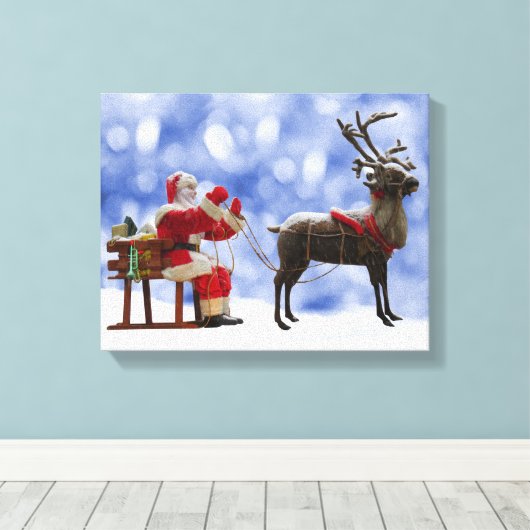 Kerstmis Santa Rendier Sledging Sneeuw Canvas Afdruk (Insitu (Houten vloer))