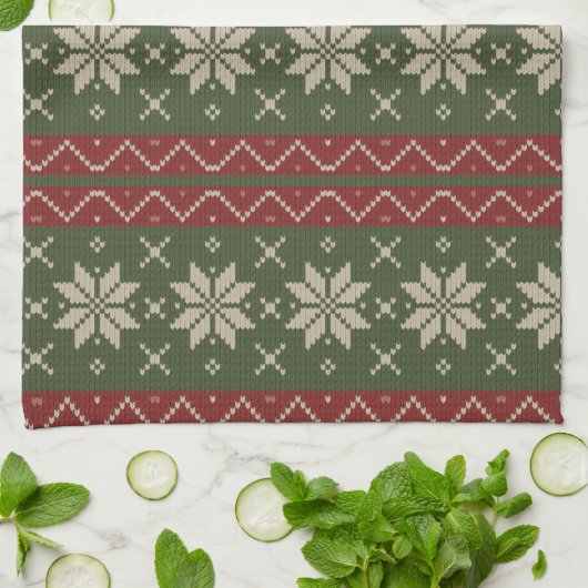 Kerstmis Scandinavisch gebreid rood groen rustiek Theedoek (Gevouwen)