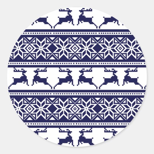Kerstmis, Scandinavische Folk Blue en White Ronde Sticker (Voorkant)