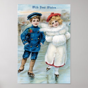 Kerstmis, schaatsen van kinderijs poster