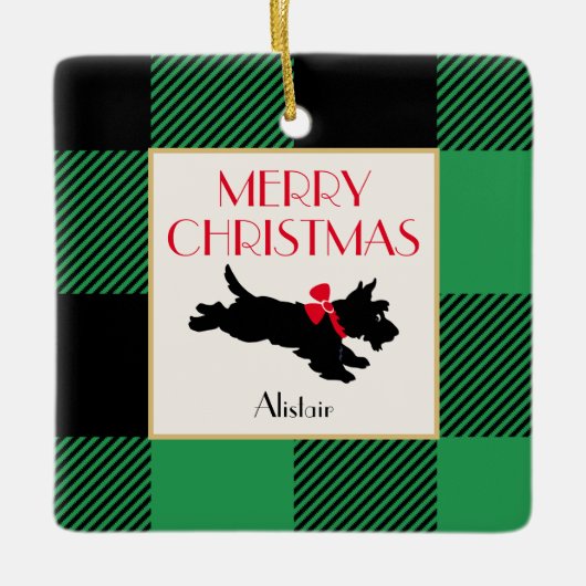 Kerstmis Scottie Hond Foto Buffel Plaid Groen Keramisch Ornament (Voorkant)