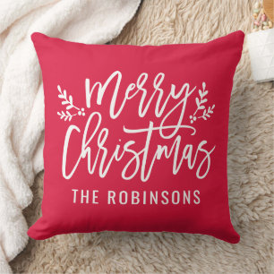 Kerstmis Script Familie Naam Rood Kussen