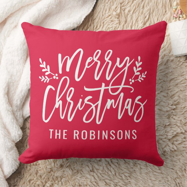 Kerstmis Script Familie Naam Rood Kussen (Deken)