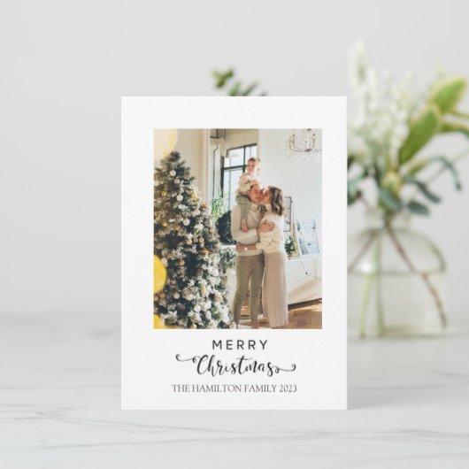 Kerstmis Script Groene Plaid Tartan Foto Feestdagenkaart (Staand voorkant)