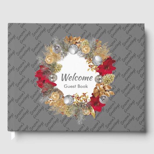 kerstmis, SEASON'S GREETINGS Aangepast grijs Gastenboek (Voorkant)