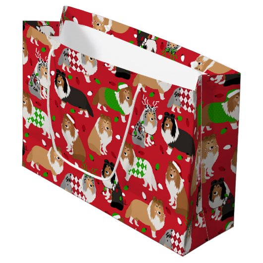 Kerstmis Sheltie Shetland Sheepdog Groot Cadeauzakje (Voorkant Gekanteld)