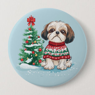 Kerstmis Shih Tzu Kerstman Hond Ronde Button 4,0 Cm