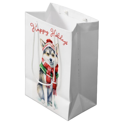 Kerstmis Siberische Husky Hond Medium Cadeauzakje (Voorkant Gekanteld)