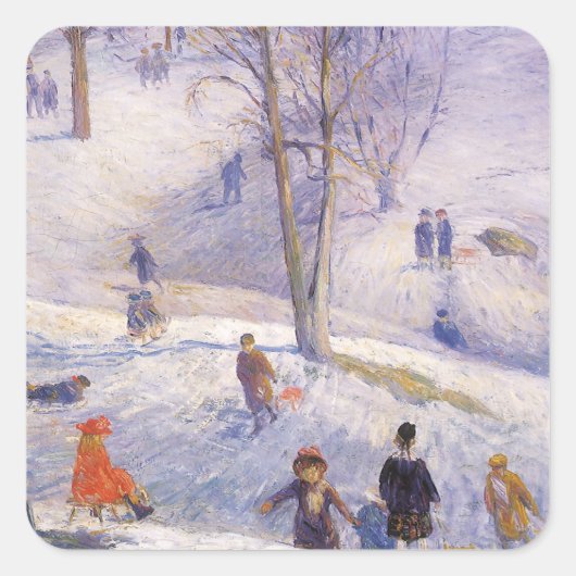 Kerstmis, sleeën, Central Park Glackens Vierkante Sticker (Voorkant)