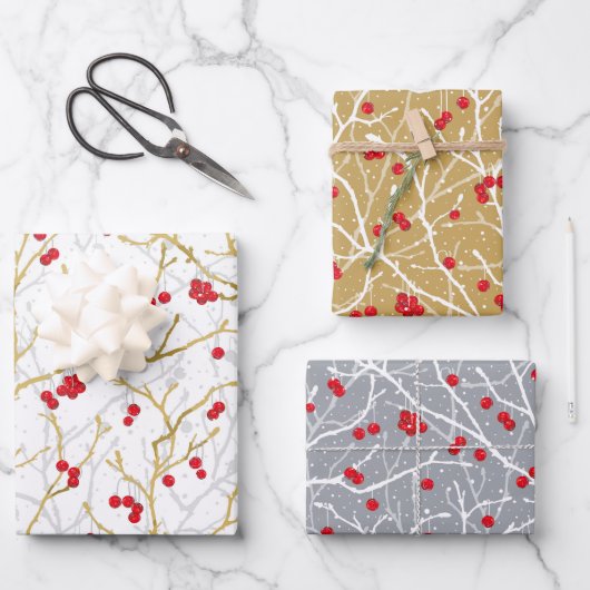 Kerstmis Sneeuwige Winterbessen | Goud/Grijs/Rood/ Inpakpapier Vel (Voorkant)