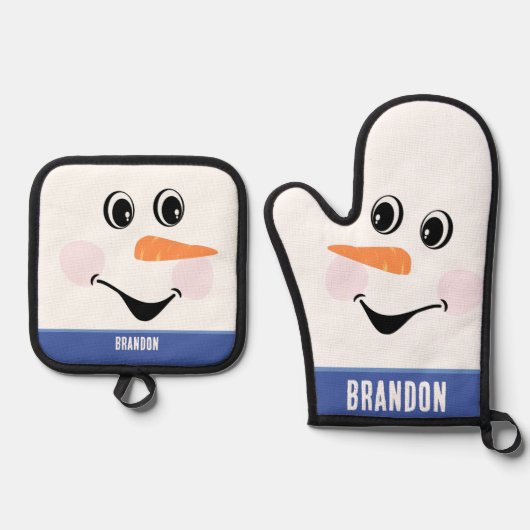 Kerstmis Sneeuwman Met Gelukkig Gezicht Glimlach B Ovenwant & Pannenlap Set (Voorkant)