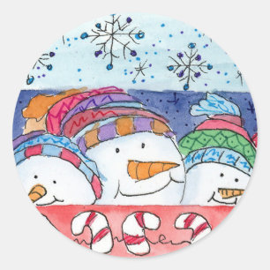 Kerstmis Sneeuwman Sneeuwvlokken Candy Canes Ronde Sticker