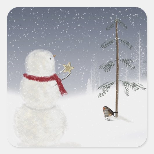 Kerstmis Sneeuwman Ster Vierkante Sticker (Voorkant)