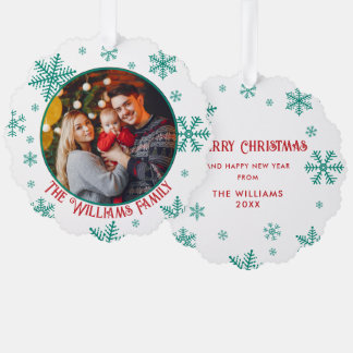 Kerstmis Sneeuwvlokken Groen Rood Foto Ornament Kaart