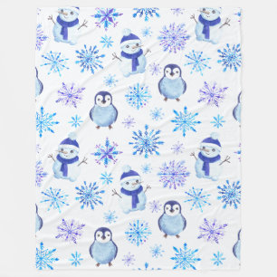 Kerstmis Sneeuwvlokken, sneeuwpoppen en pinguïns Fleece Deken