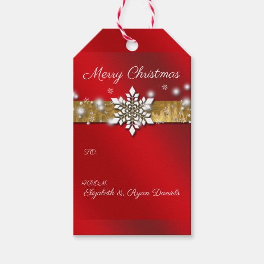 Kerstmis Sneeuwvlokken Sparkle Red Satin Cadeaulabel (Voorkant)