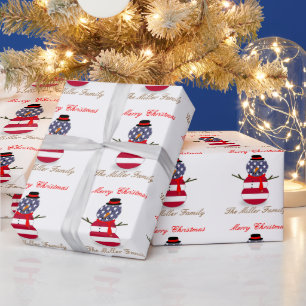 Kerstmis Snowman Patriotic USA vlag Gepersonalisee Cadeaupapier