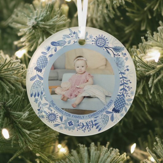 Kerstmis - Speciaal Blauw Witte Wreatfoto Glas Ornament (Insitu)