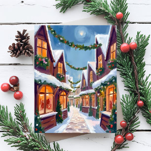 Kerstmis Stad Watercolor Feestdagenkaart
