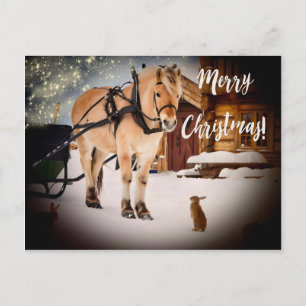 Kerstmis sterrenhemel boerderij met paard sneeuw feestdagenkaart
