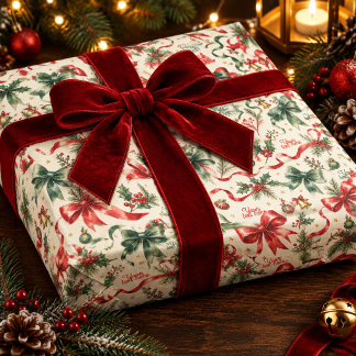 Kerstmis strikken en hulst waterverf verpakking cadeaupapier