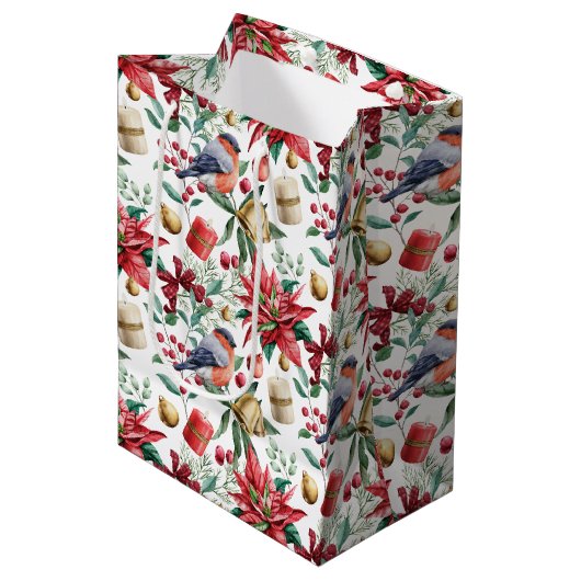 Kerstmis Symbolen met Poinsettia met Rode Robin Medium Cadeauzakje (Voorkant Gekanteld)