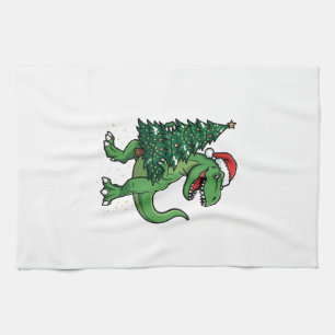 Kerstmis T-Rex met Kerstboom Theedoek