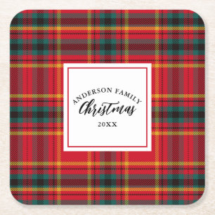 Kerstmis Tartan Plaid Familienaam Jaar Vierkante Kartonnen Onderzetter