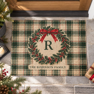 Kerstmis Tartan Schotland Monogram Achternaam Kran Deurmat