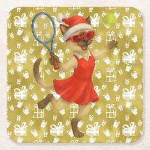 Kerstmis-tennis thema voor kattenliefhebbers vierkante kartonnen onderzetter