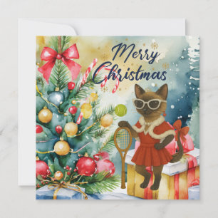 Kerstmis-tennisthema voor Siamese kattenliefhebber Feestdagenkaart