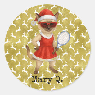 Kerstmis-thema tennis voor kattenliefhebbers ronde sticker