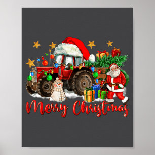Kerstmis Tractor Met Sinterklaas Sneeuwman Poster