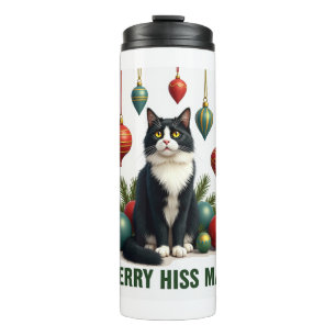 Kerstmis Tuxedo Kat met Kerstversiering Vrolijk Thermosbeker