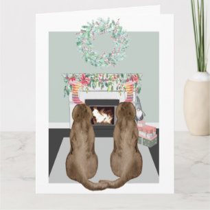 Kerstmis Twee Choc Labrador Honden Haard Scene Kaart