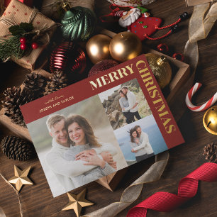 Kerstmis Typografie Goud op Rood 3 Foto's Folie Feestdagenkaart