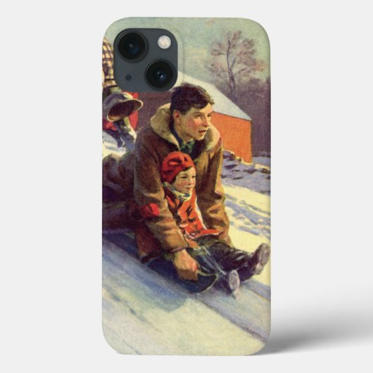Kerstmis van vroeger, vader en dochter sleeën Case-Mate iPhone case (Achterkant)