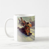 Kerstmis van vroeger, vader en dochter sleeën koffiemok (Links)