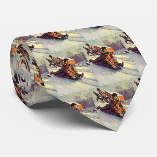 Kerstmis van vroeger, vader en dochter sleeën stropdas (Opgerold)