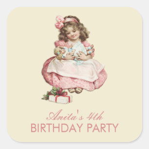 Kerstmis Verjaardagsfeest Schattige Meisje Roze Vierkante Sticker
