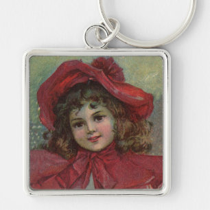 Kerstmis Victoriaans Kind Rode Hoed Meisje Portret Sleutelhanger