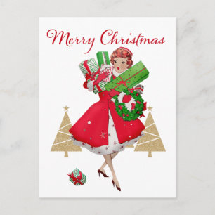 Kerstmis Vintage Dame Geeft Rood Groen Goud Feestdagenkaart