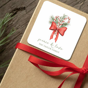 Kerstmis Vintage Eenvoudige Suikerstok Boog Vrede Vierkante Sticker