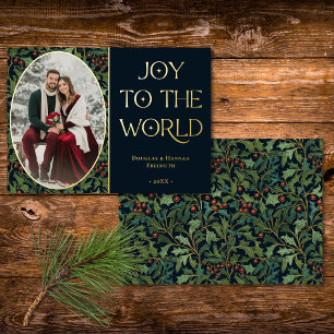 Kerstmis Vintage Holly Berry Black Joy to World Folie Feestdagenkaart