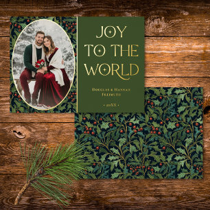 Kerstmis Vintage Holly Berry Groen Joy to World Folie Feestdagenkaart