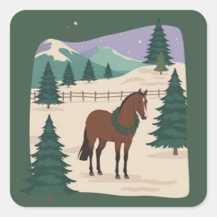 Kerstmis Vintage Paard 90s Stijl Retro Kerstboom Vierkante Sticker