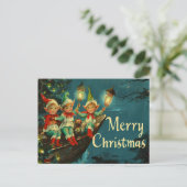 Kerstmis Vintage Retro: Gelukkige Elfen Feestdagenkaart (Staand voorkant)