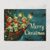 Kerstmis Vintage Retro: Gelukkige Elfen Feestdagenkaart (Voorkant)